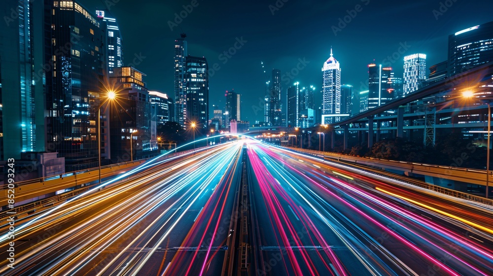 Obraz premium A city street at night with a long, bright, colorful highway