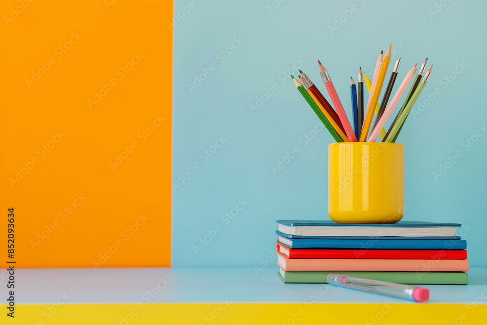 Fototapeta premium On the table are school supplies, notebooks and pencils, all in bright colors. Back to school concept.
