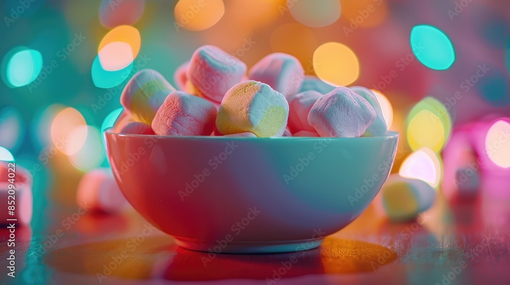 Colorful marshmallows in a bowl captured in a close up shot under bright lighting Colorful marshmallows in a bowl captured in a close up shot under bright lighting