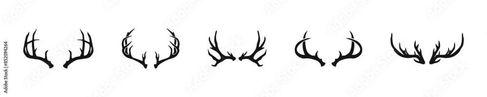Naklejka premium Deer horns vector icon set. Reindeer antlers flat silhouette.