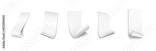 Paper sheet curled realisti illustration. White empty paper rolled set.