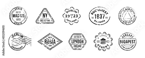 Postal stamp touristic set. Famous cities tourism stamp.