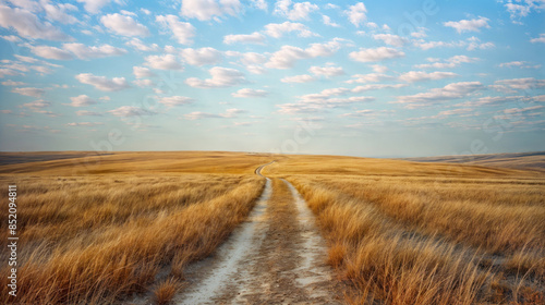 Uma estrada seguindo em direção ao horizonte, simbolizando jornadas e escolhas na vida. Esta imagem captura a essência das oportunidades e caminhos abertos photo