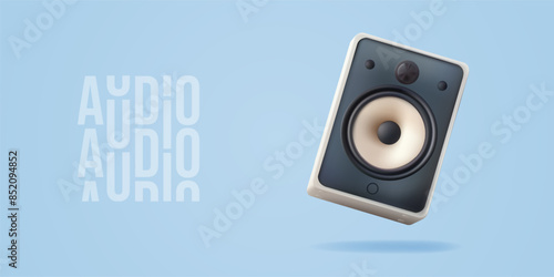 Sound speaker 3d vector. Stereo audio system loudspeaker. Smart boombox woofer and realistic radio receiver for dance music, electronic podcast or audio book listen and voice assistant device stand.