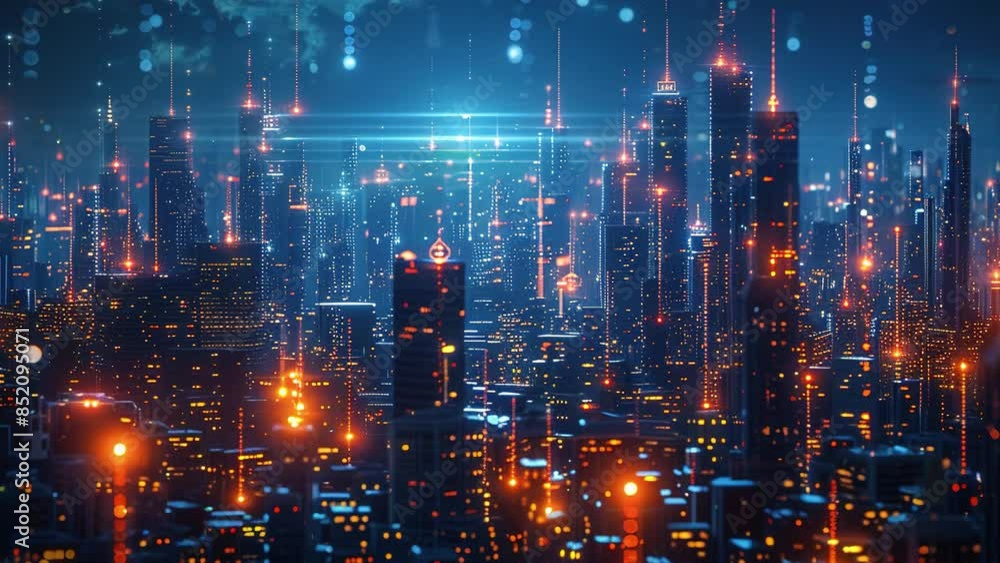 Abstract futuristic city skyline with glowing neon lines and hologram elements. Architecture background with particle skyscrapers. Smart city. Future modern buildings. Futuristic technology background Abstract futuristic city skyline with glowing neon lines and hologram elements. Architecture background with particle skyscrapers. Smart city. Future modern buildings. Futuristic technology background