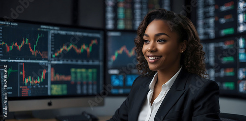 Happy young black female stock trader investor analysing crypto stock market graphs.