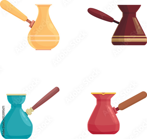 Coffee pot icons set cartoon vector. Traditional turkish coffee cezve. Kitchen equipment