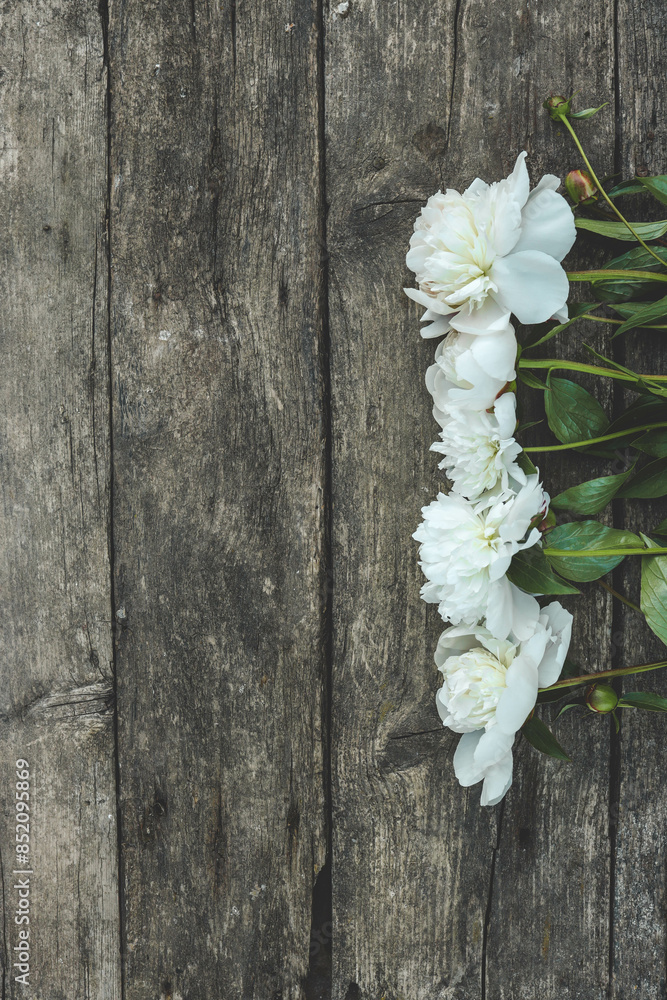 White peonies on a white wooden background, copy space, greeting card White peonies on a white wooden background, copy space, greeting card