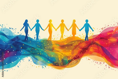 Ilustração colorida com linhas e muitas cores, mostrando pessoas de mãos dadas lado a lado, destacando união e diversidade
