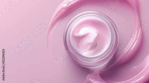 Pink cosmetic cream in a glass jar on pastel background with copy space