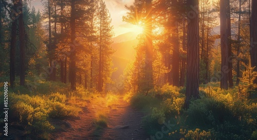 Golden Sunset Illuminates Forest Path