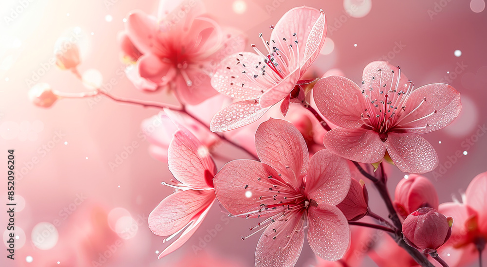 Delicate Pink Blossoms on Pastel Background with Dew Drops and Soft Light Creating a Tranquil, Dreamy, and Serene Atmosphere in Springtime Delicate Pink Blossoms on Pastel Background with Dew Drops and Soft Light Creating a Tranquil, Dreamy, and Serene Atmosphere in Springtime