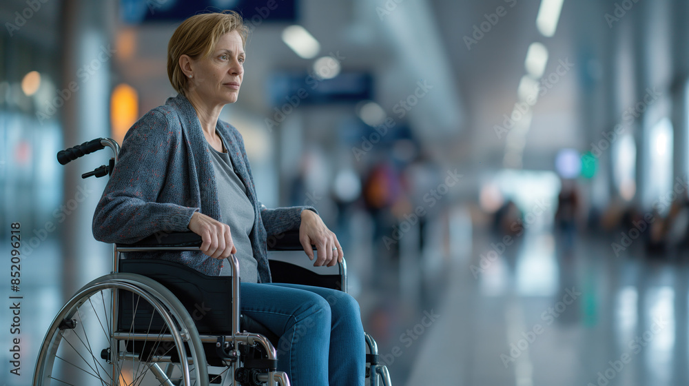adult woman in her fifties sitting at the airport with a wheelchair, looking around for something she is missing and waiting to board the plane adult woman in her fifties sitting at the airport with a wheelchair, looking around for something she is missing and waiting to board the plane
