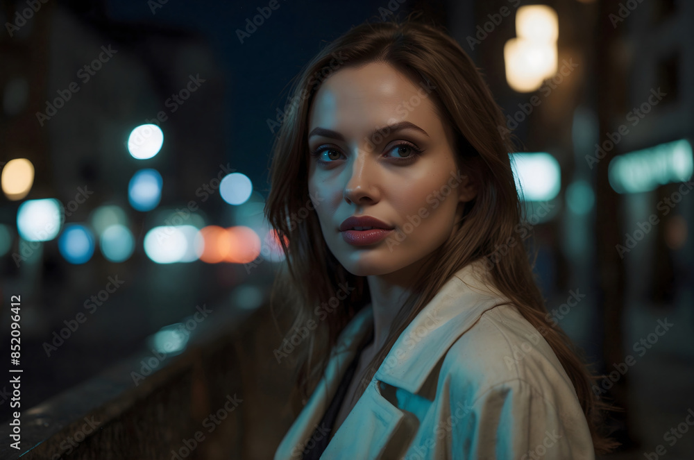Obraz premium Portrait of a girl in a night city. Smiling.He's looking at us.