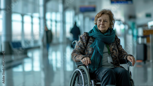 elderly woman in an airport, sitting on her wheelchair wearing a teal scarf and a dark brown jacket. diversity travel