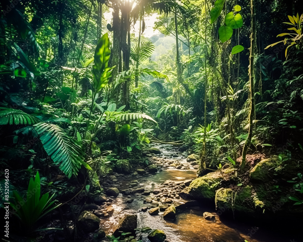 A lush green jungle with a stream running through it. A lush green jungle with a stream running through it.