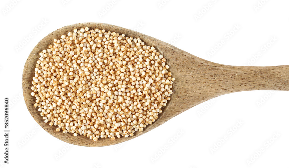 Amaranth pops in wooden spoon, popped grains isolated on white background, top view Amaranth pops in wooden spoon, popped grains isolated on white background, top view