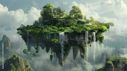 A lush green island with a waterfall and a castle in the middle