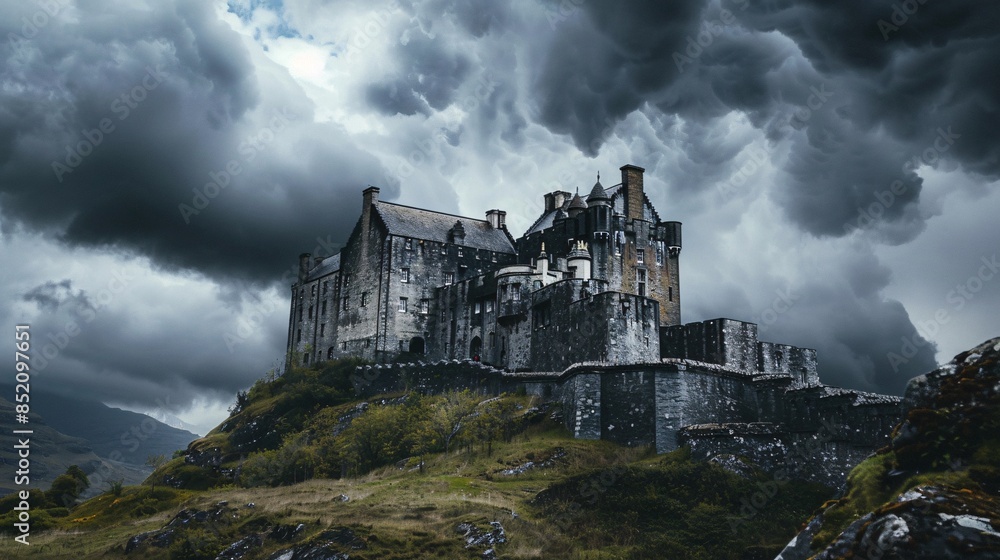 A castle is perched on a hill, with a stormy sky overhead