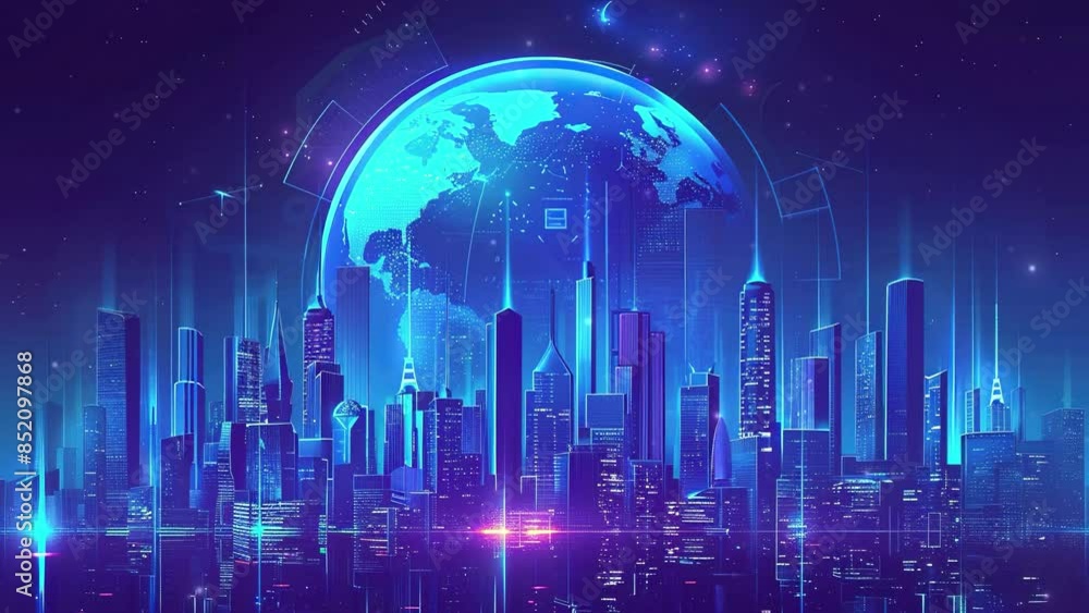 Modern background futuristic digital. Abstract futuristic cityscape with glowing blue light and globe. Skyscrapers background. Global business technology concept. 4K Videos Modern background futuristic digital. Abstract futuristic cityscape with glowing blue light and globe. Skyscrapers background. Global business technology concept. 4K Videos