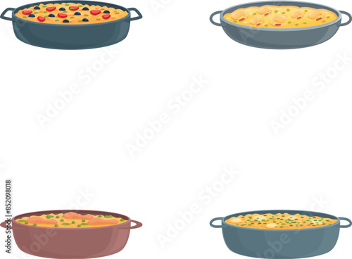 Paella icons set cartoon vector. Tasty paella with seafood. Traditional spanish food