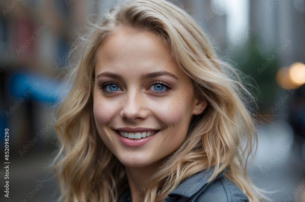portrait of a young girl in the city, blonde with blue eyes, 25 years old. Smiling.He's looking at us. It's raining. portrait of a young girl in the city, blonde with blue eyes, 25 years old. Smiling.He's looking at us. It's raining.