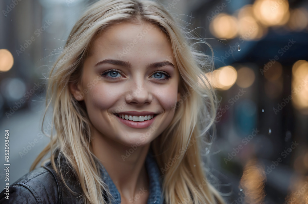 portrait of a young girl in the city, blonde with blue eyes, 25 years old. Smiling.He's looking at us. It's raining. portrait of a young girl in the city, blonde with blue eyes, 25 years old. Smiling.He's looking at us. It's raining.