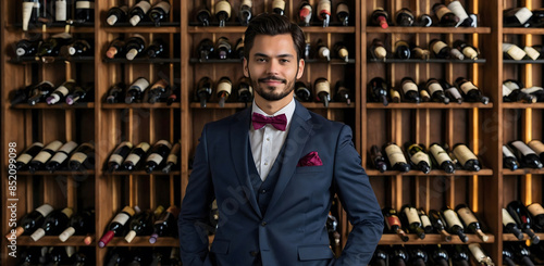 Sommelier in an industry-typical outfit stands in front of a wine rack
