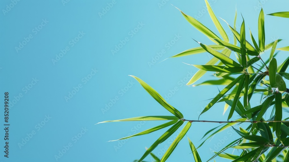 Fototapeta premium Bamboo leaves against a backdrop of clear blue sky for Chinese New Year theme with space for text
