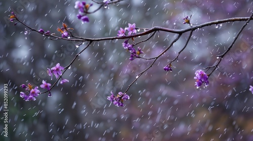 Purple flowered branch captured in the rain photo