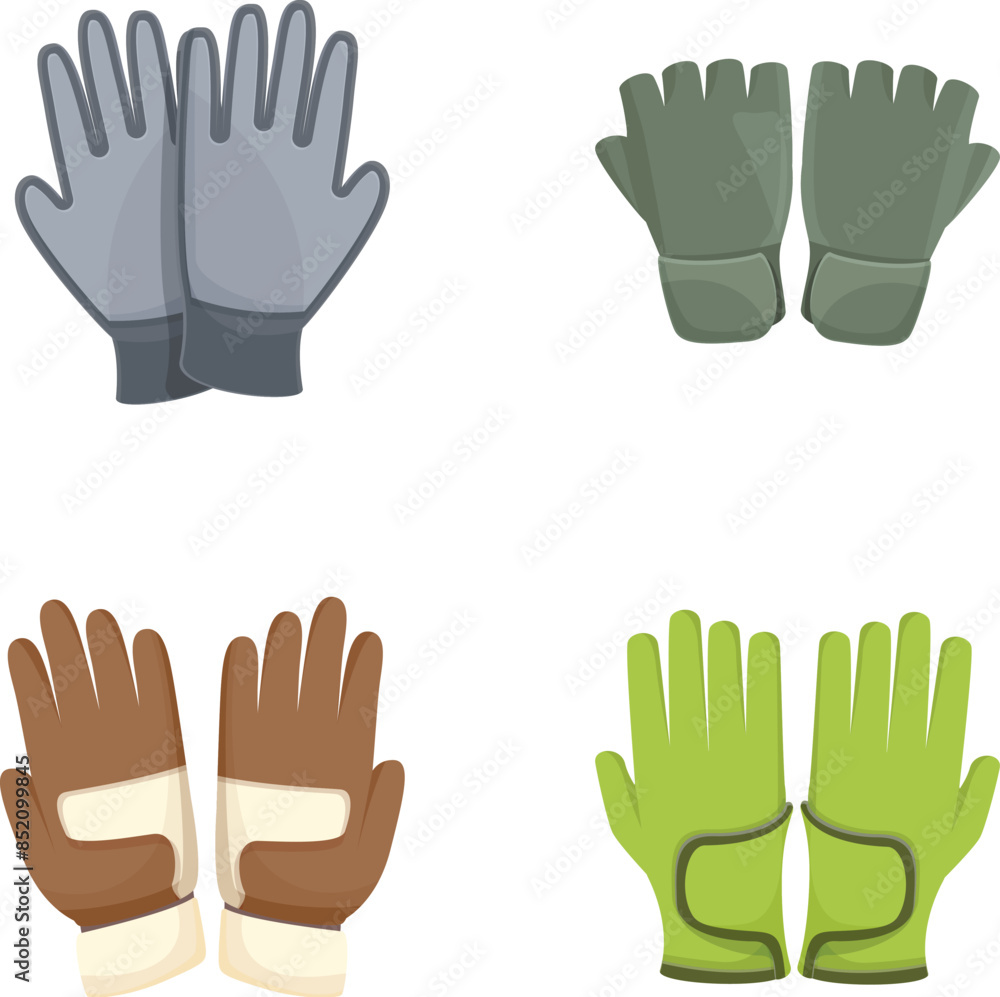 Various glove icons set cartoon vector. Glove for different sport. Sport equipment Various glove icons set cartoon vector. Glove for different sport. Sport equipment