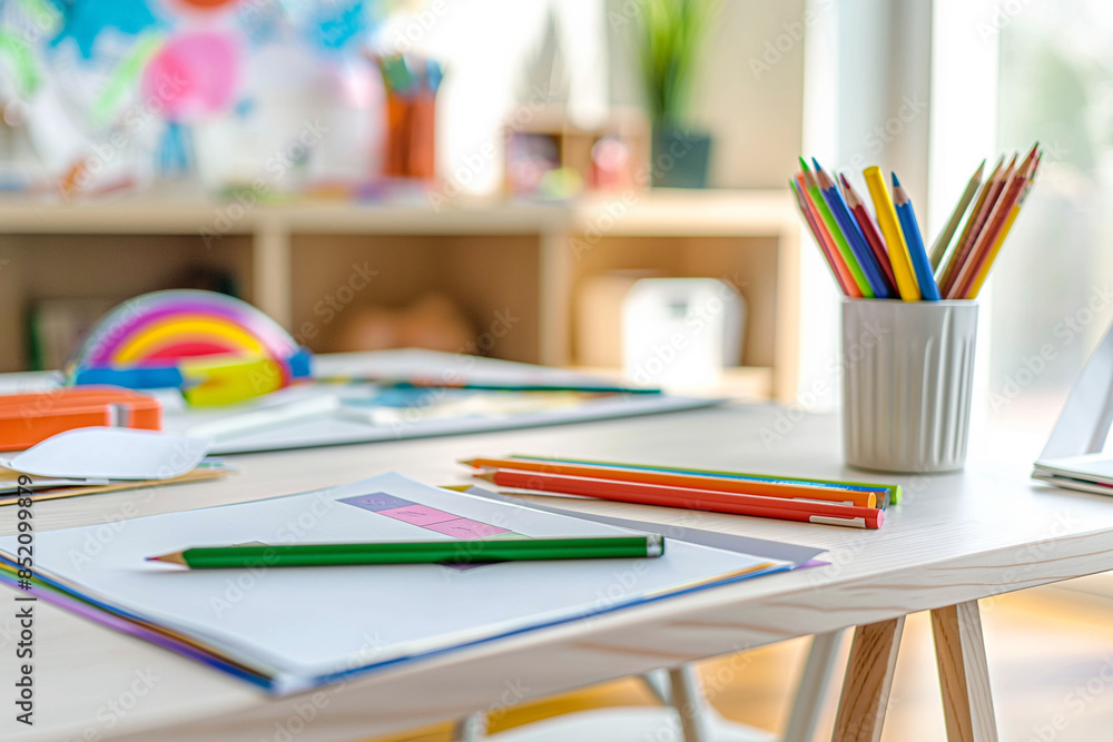 Schoolchild's workplace for lessons close-up, modern design, desk with pencil and notebook, minimalist style in light colors Schoolchild's workplace for lessons close-up, modern design, desk with pencil and notebook, minimalist style in light colors