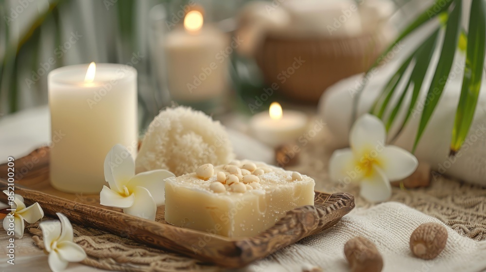 Spa and beauty theme with soap candle and shea butter on tray Homemade soap candle shea butter Spa and beauty theme with soap candle and shea butter on tray Homemade soap candle shea butter