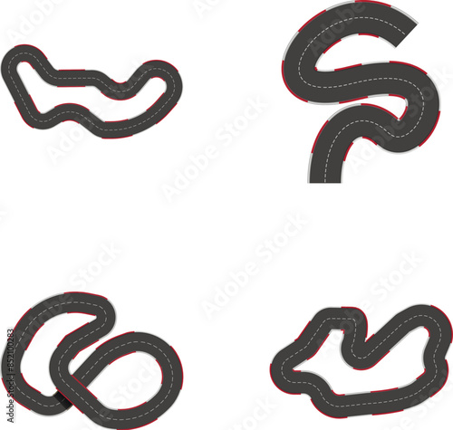 Various track icons set cartoon vector. Curve and circle racetrack. Sport kart