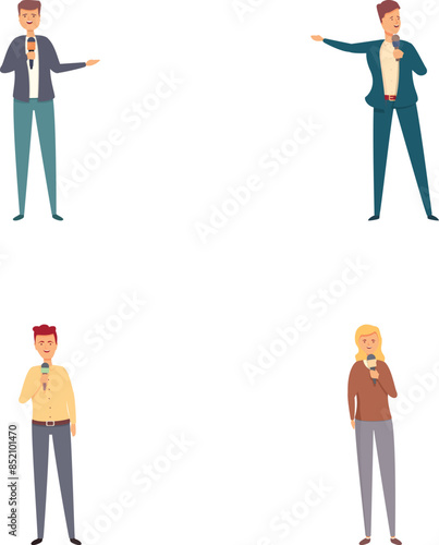 Journalistic concept icons set cartoon vector. Journalist broadcasting live. Live reporting