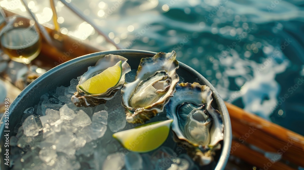 Fresh oysters served chilled with lime and coriander after being freshly harvested from the ocean Fresh oysters served chilled with lime and coriander after being freshly harvested from the ocean