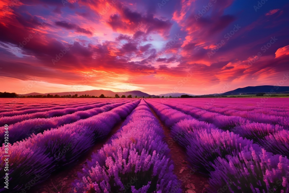 A vast field of lavender blooms under a vibrant sunset sky. A vast field of lavender blooms under a vibrant sunset sky.