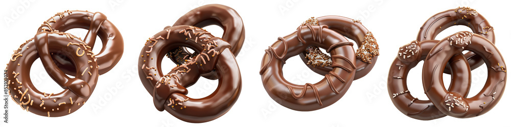 Set of Chocolate-Covered Pretzels isolated on transparent png background. Generative ai Set of Chocolate-Covered Pretzels isolated on transparent png background. Generative ai