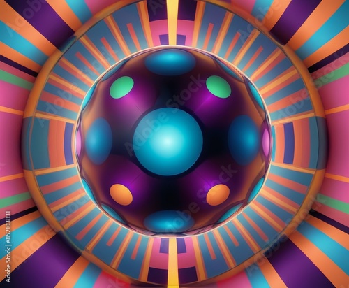 A vivid abstract design featuring a geometric sphere in the center, surrounded by colorful patterns and stripes, creating a bold and modern visual effect.. AI Generation