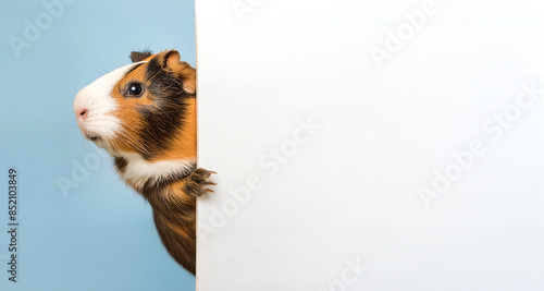 guinea pig holding white blank sheet of paper isolated on light blue background.