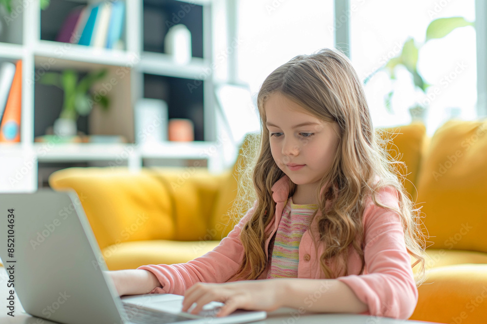 Cute girl sitting in a modern bright room in a minimalist style with a laptop and studying, distance learning concept for schoolchildren. Cute girl sitting in a modern bright room in a minimalist style with a laptop and studying, distance learning concept for schoolchildren.