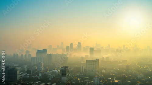 A dense urban skyline obscured by a thick layer of smog and haze, depicting the severe air pollution in a metropolitan area. Air pollution bad ecology photo