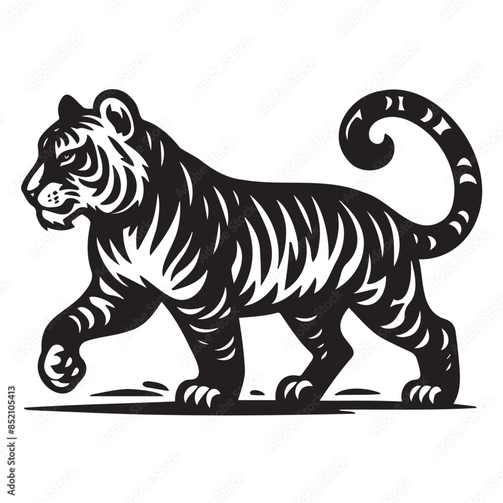 Fototapeta premium Tiger, black silhouette on a transparent background, stencil, vector drawing