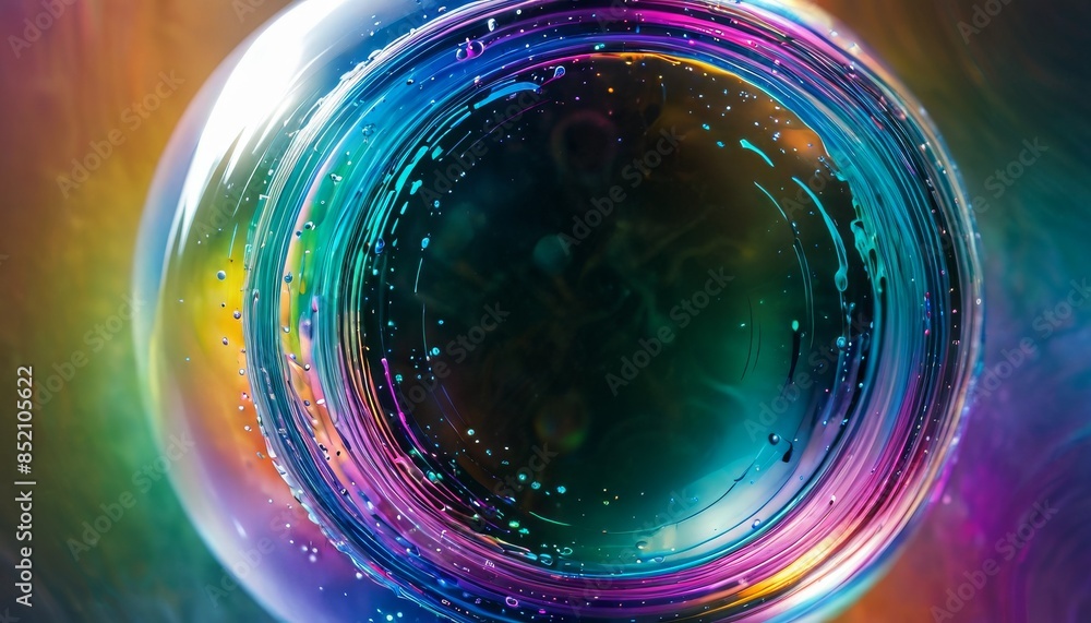 Obraz premium Close-up of a colorful bubble with intricate rainbow light reflections, creating a mesmerizing and vibrant visual. Ideal for backgrounds and abstract themes.. AI Generation
