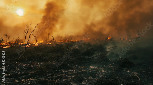 A landscape marred by deforestation and burning, releasing smoke and carbon emissions into the air, exacerbating air pollution levels. Air pollution bad ecology © SappiStudio