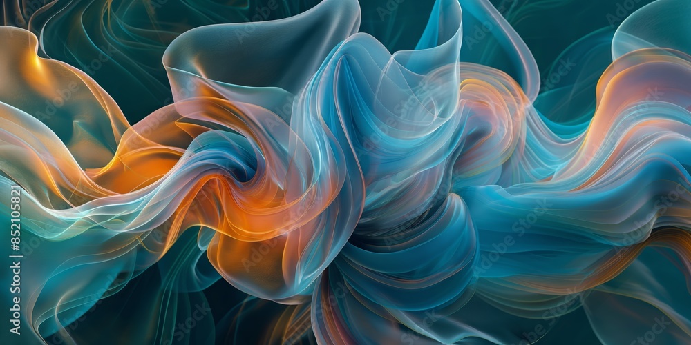 Obraz premium Ethereal abstract flowing shapes. A vibrant blend of blue and orange hues creating a dreamy, fluid motion. Perfect for backgrounds, advertisements, and artistic projects.