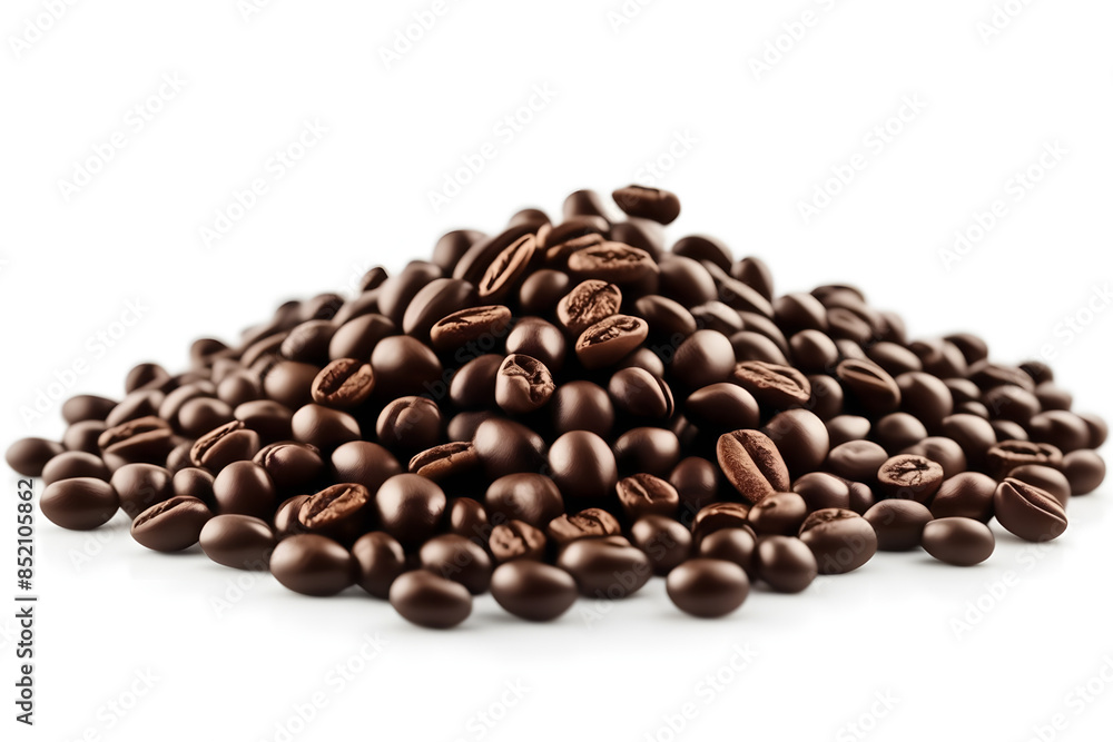 Naklejka premium realistic illustration of coffee beans spilled with aromatic flavor rising, isolated on a white background. This barista-themed artwork features cinematic lighting and a close-up, macro perspective