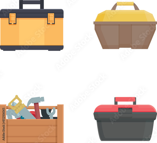 Toolkit icons set cartoon vector. Toolbox with hand instrument inside. Construction and repair tool