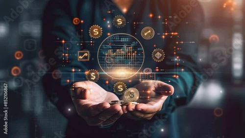 Business concept for growth or planning of finance technology. a hologram virtual digital graph chart with financial icons. AI technology concept for business future growth. 4K Videos