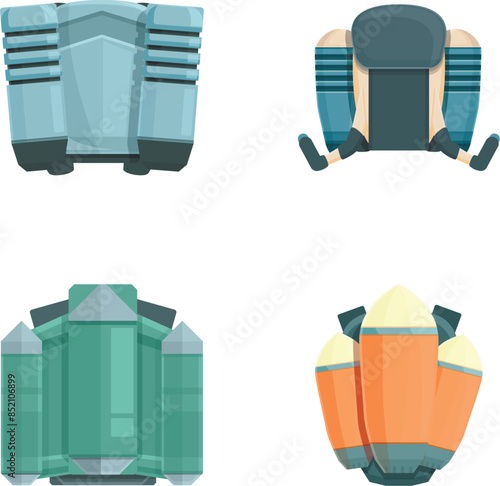 Various jetpack icons set cartoon vector. Equipment for personal air flight. Future technology